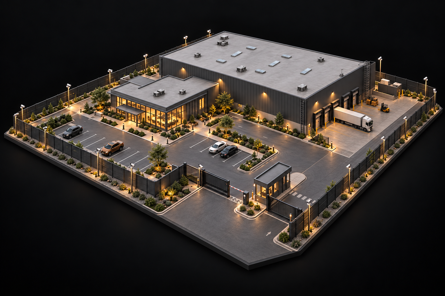 Conceptual industrial campus with warehouses, perimeter cameras, a gatehouse and lit pathways